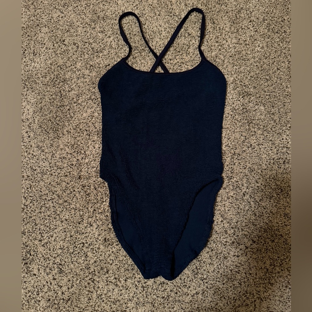 Hunza G navy blue one piece  with bow detail on back